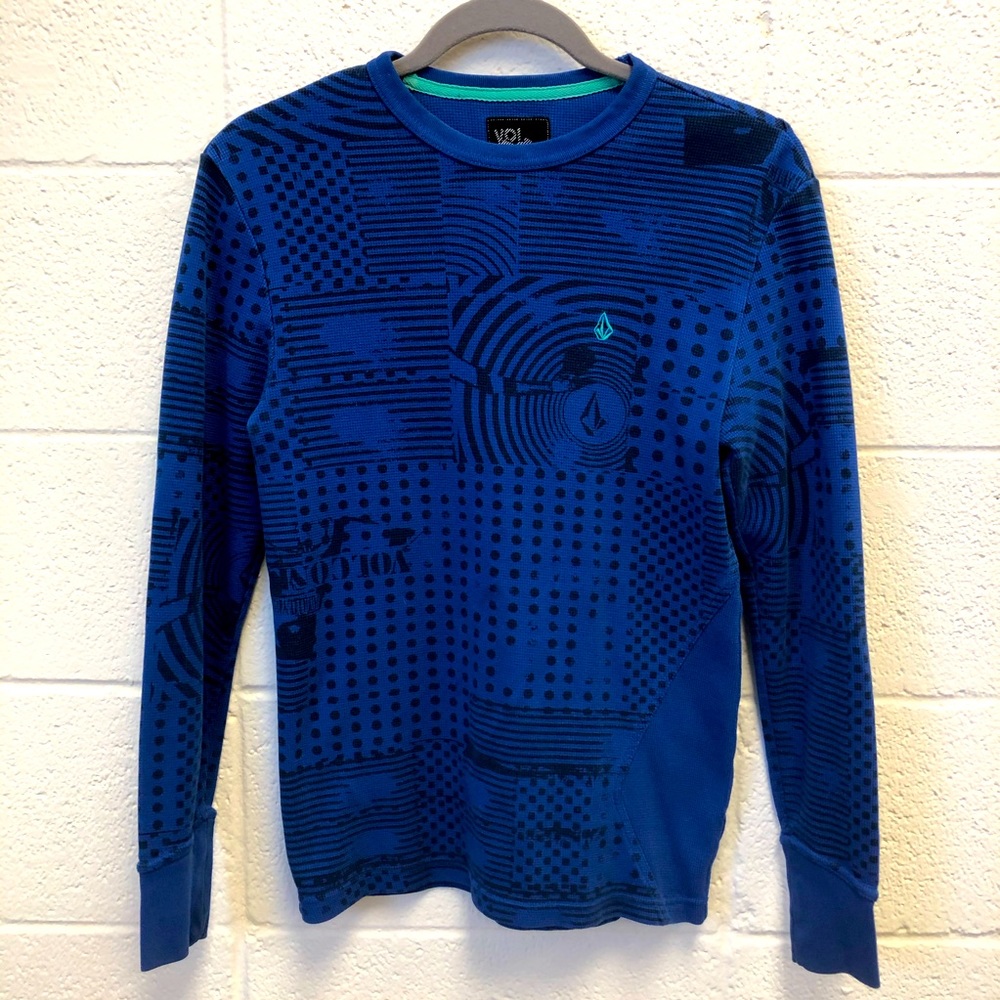 Volcom Blue And Black Patterned Waffle-Knit Pullo… - image 1